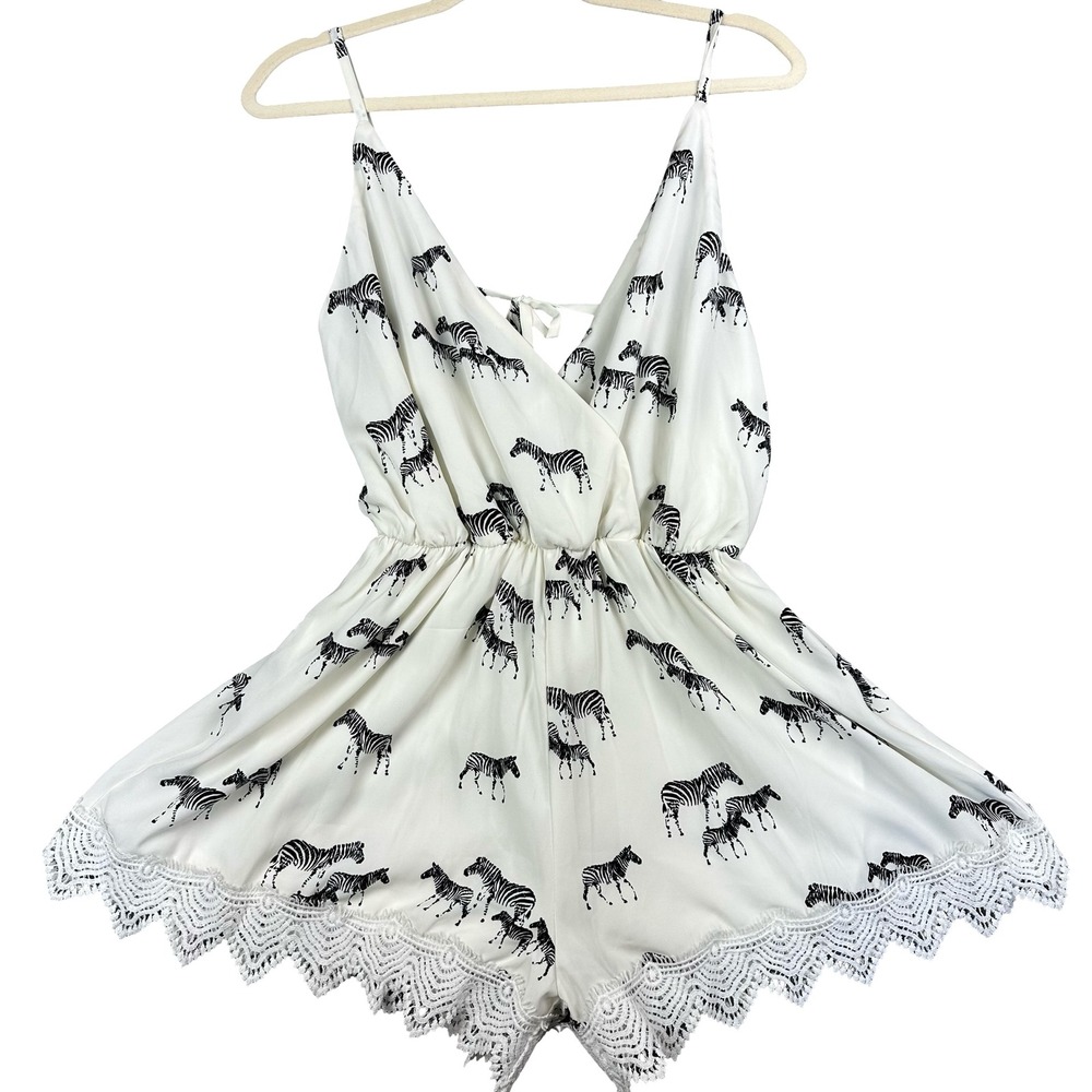 Boutique Romper Womens Large Ivory Polyester Zebra Print Lace Trim Boho